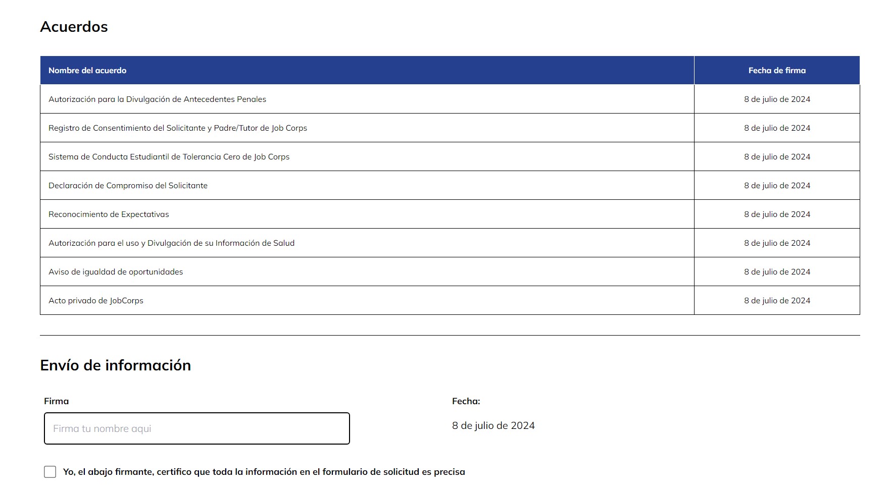 Una lista de acuerdos firmados con la opción de certificar la precisión de la información de la solicitud.