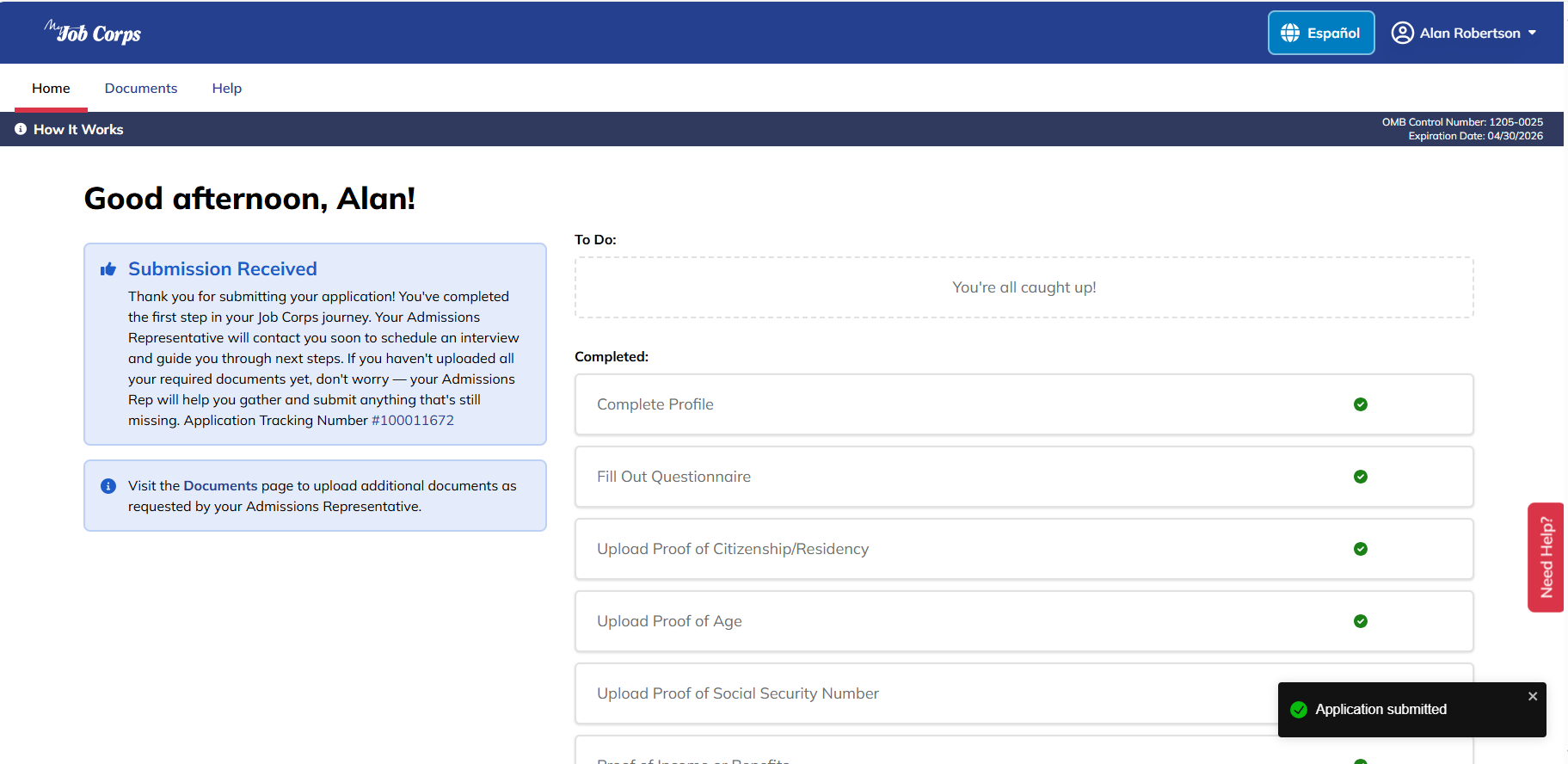 Home page indicating that the application submission was received.