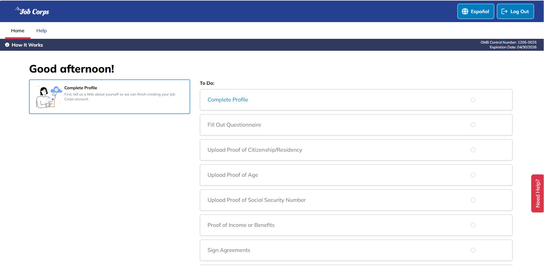 Dashboard displaying a task list and progress tracker