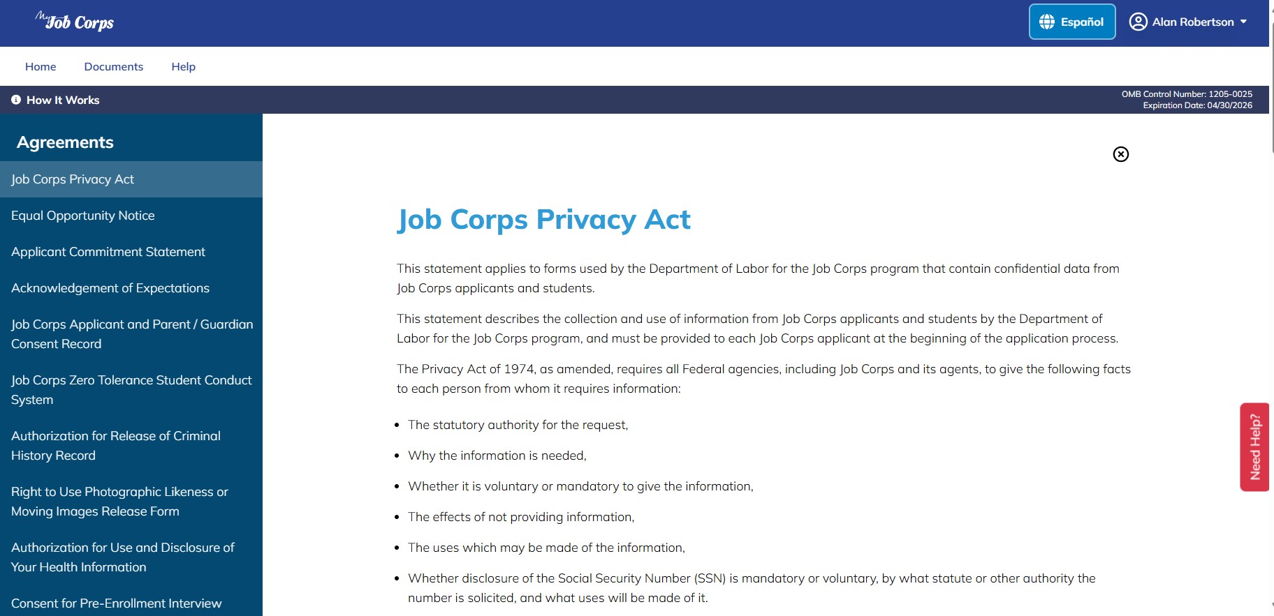 List of Job Corps agreements requiring signature