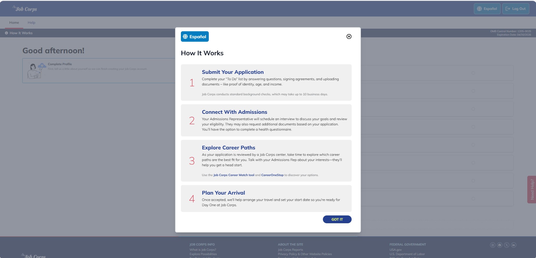 MyJobCorps portal homepage showing a four-step admission process overview.