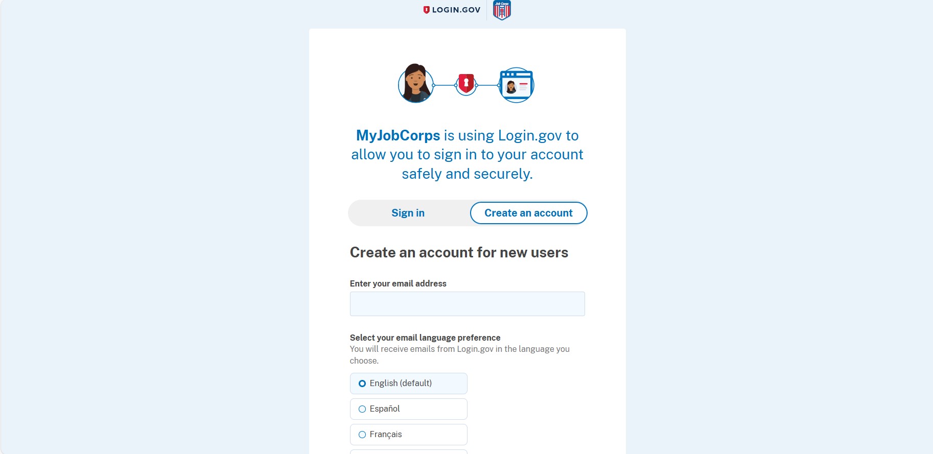 Page showing options to log in or create a Login.gov account