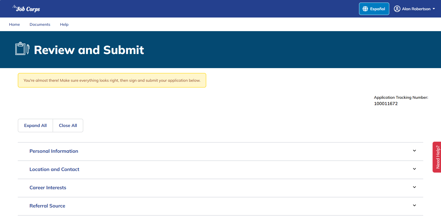 Application review and submit screen