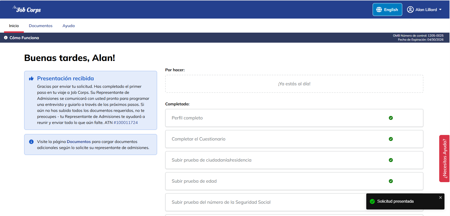 Página de inicio del portal MyJobCorps después de la presentación de la solicitud. A la izquierda, un cuadro de notificación contiene la etiqueta 'Número de Seguimiento de Solicitud' seguida de un número de nueve dígitos.