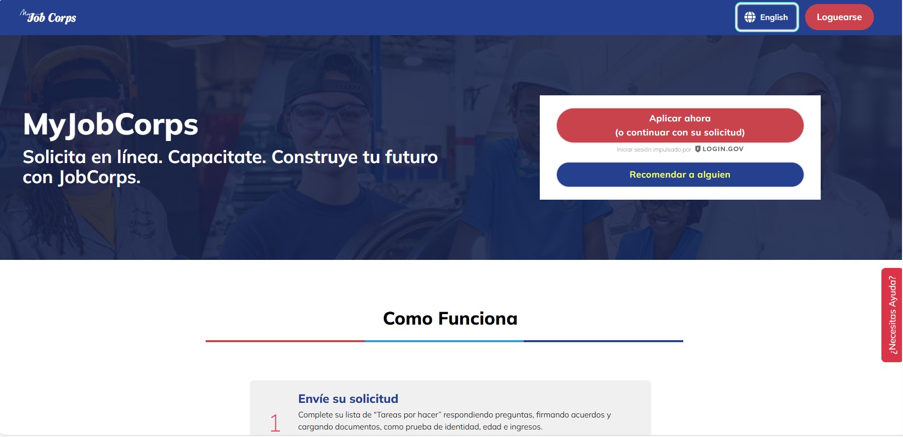 Página principal de MyJobCorps con opciones para comenzar una nueva solicitud, ingresar como solicitante que regresa o referir a alguien al programa.