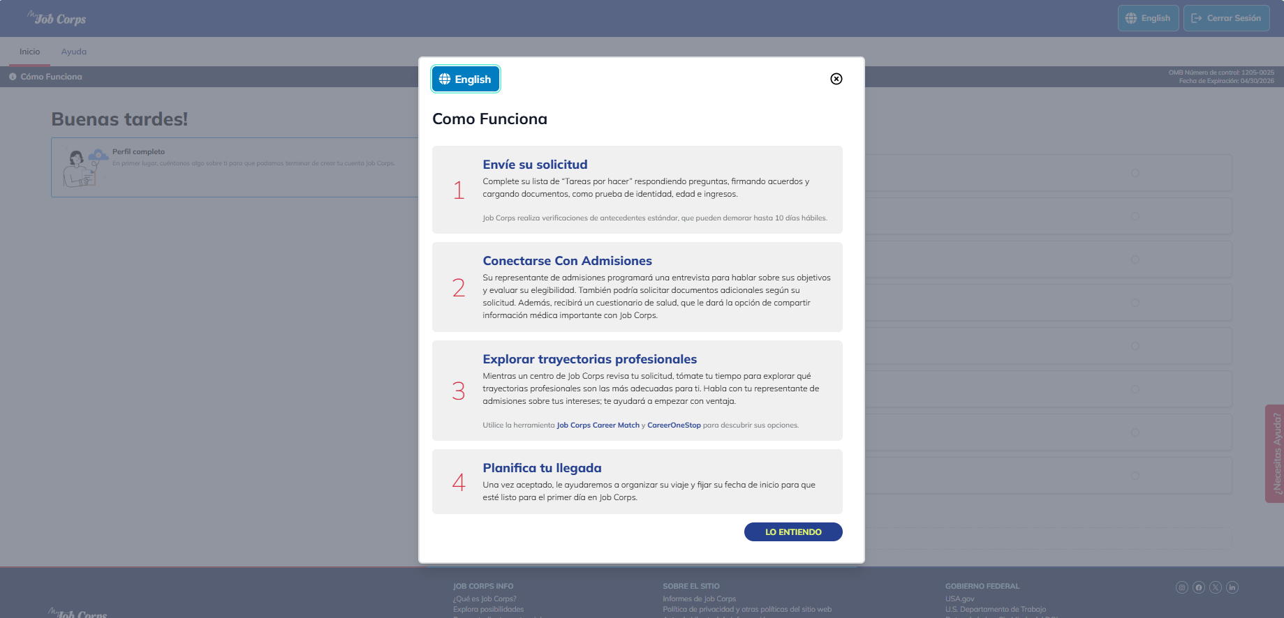 Página de inicio del portal MyJobCorps que muestra un resumen del proceso de admisión en cuatro pasos.