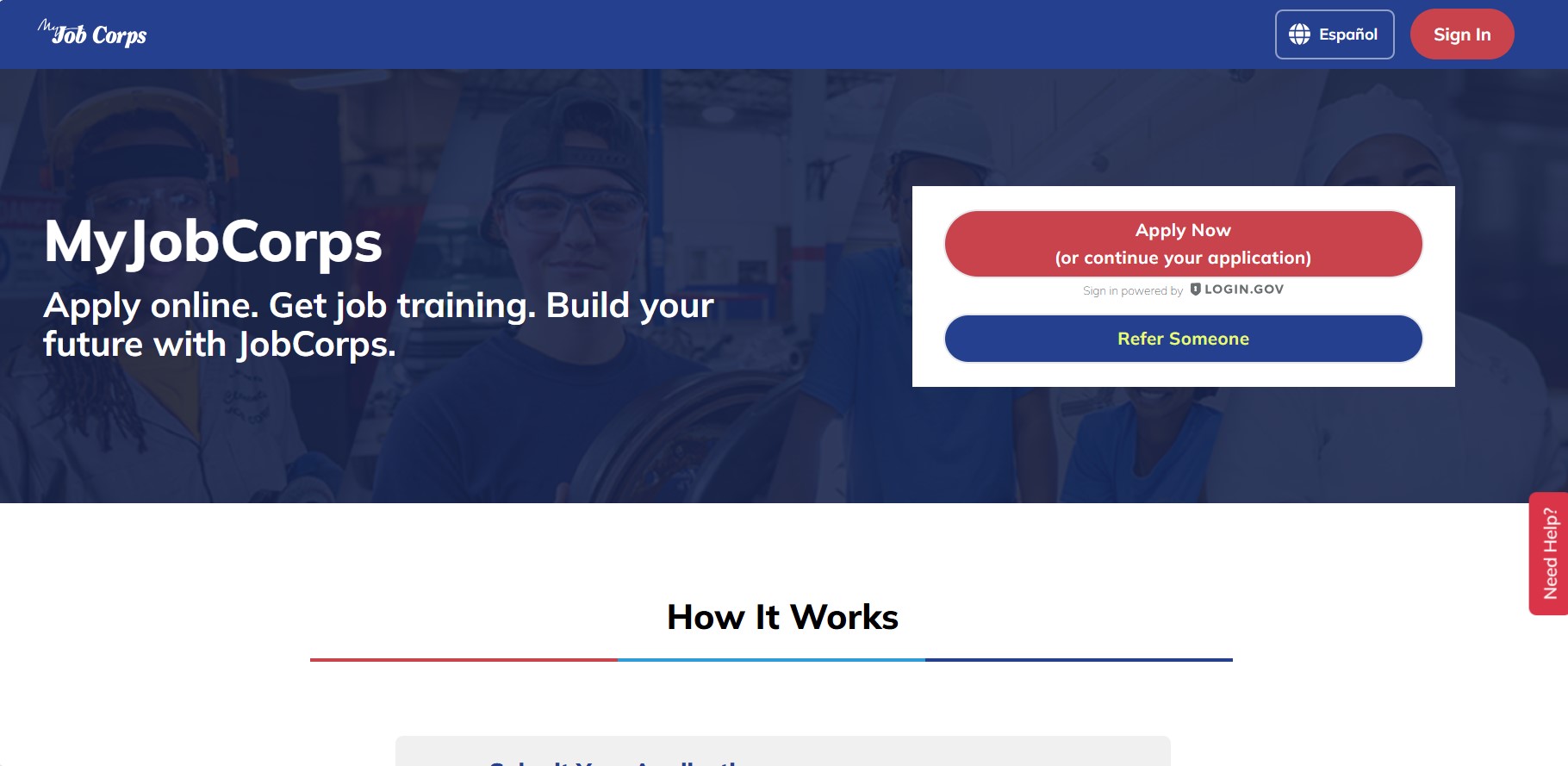 MyJobCorps landing page showing options to sign in, start a new application or refer someone..