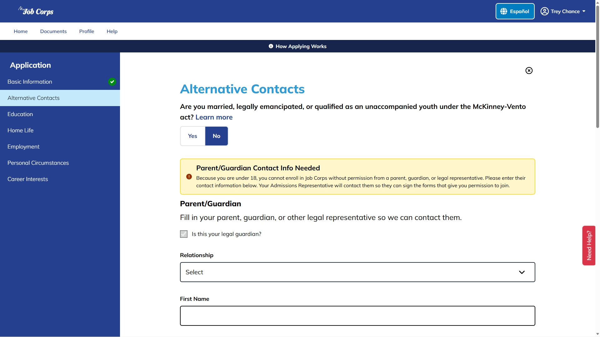 Portal Additional Contacts for unemancipated Minor