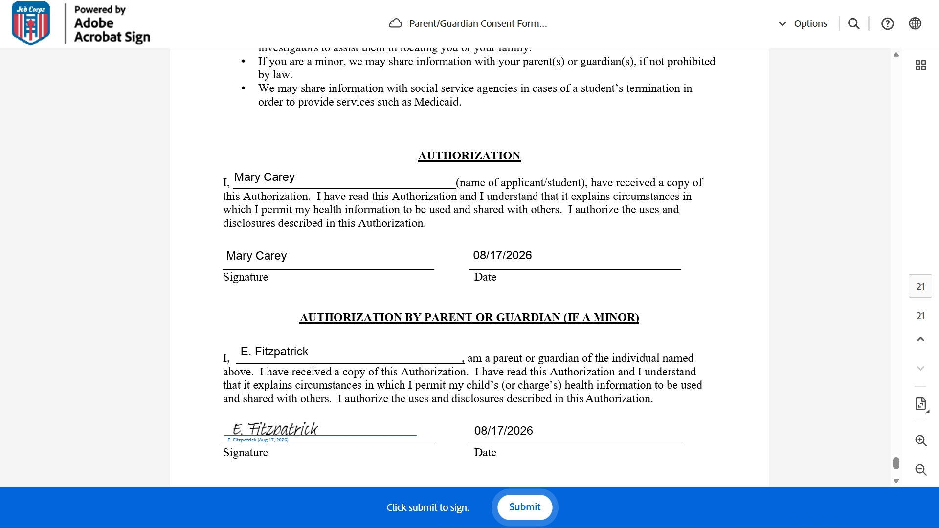 Submit Parent/Guardian Signatures in Adobe Sign